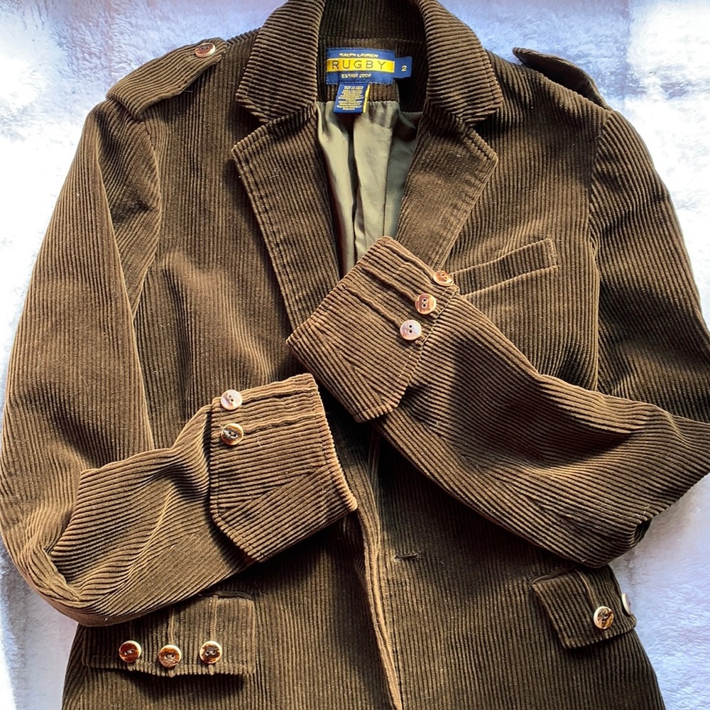 RALPH LAUREN RUGBY CORDUROY BROWN BLAZER LOTS OF BUTTON DETAILING EUC